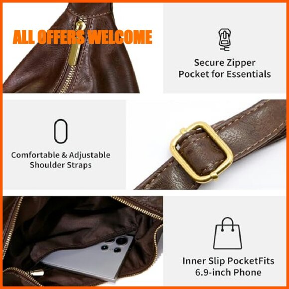 Foldable Vegan Leather Hobo Tote Shoulder Bag 13" Slouchy Purse - Picture 7 of 8